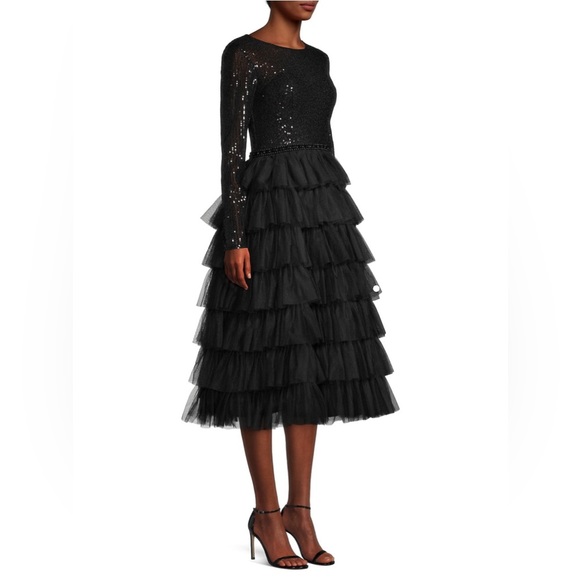 Ieena for Mac Duggal Sequin Bodice Long-Sleeve Ruffle Tiered Midi dress - Picture 3 of 13